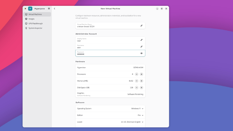 Hyperpane new virtual machine creation with hardware and account setup